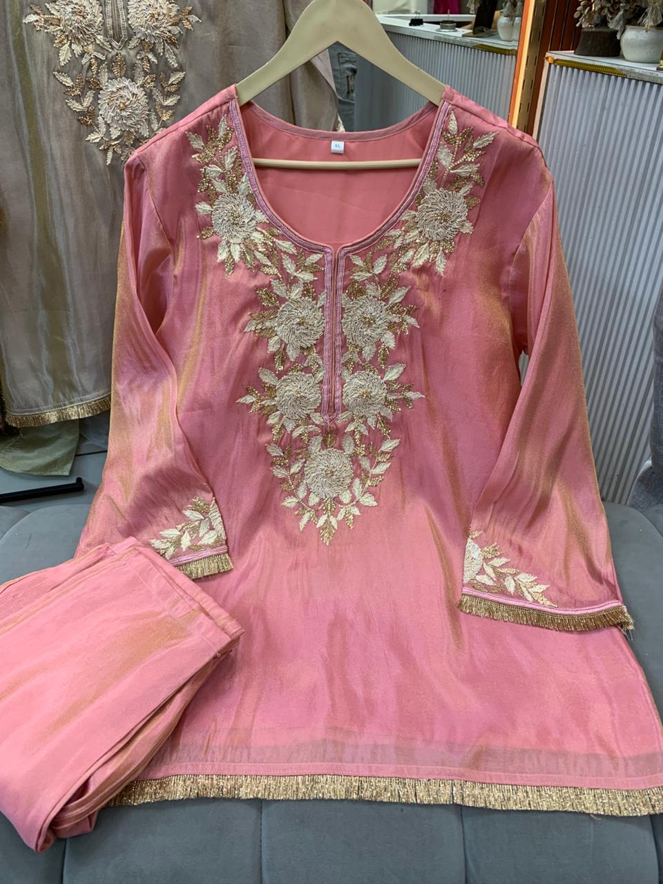 Article 1923 – Tissue Shimmer Floral Embroidered Cord Set for Women | Premium Festive Wear | Sizes 40–46