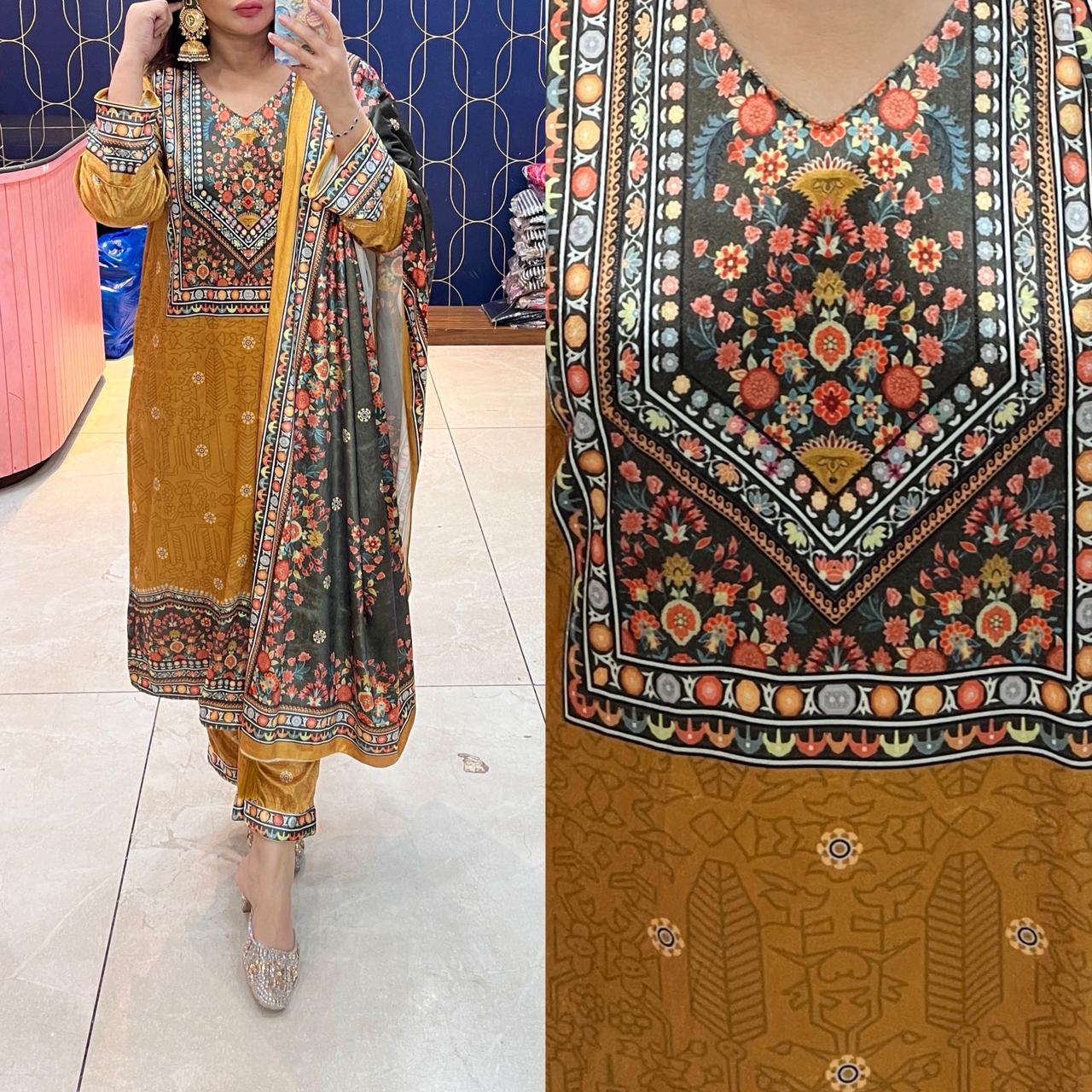 Article 1933 – Velvet Warm Cloths Printed Pakistani Suit with Dupatta | Winter Ethnic Wear | Sizes 40–46