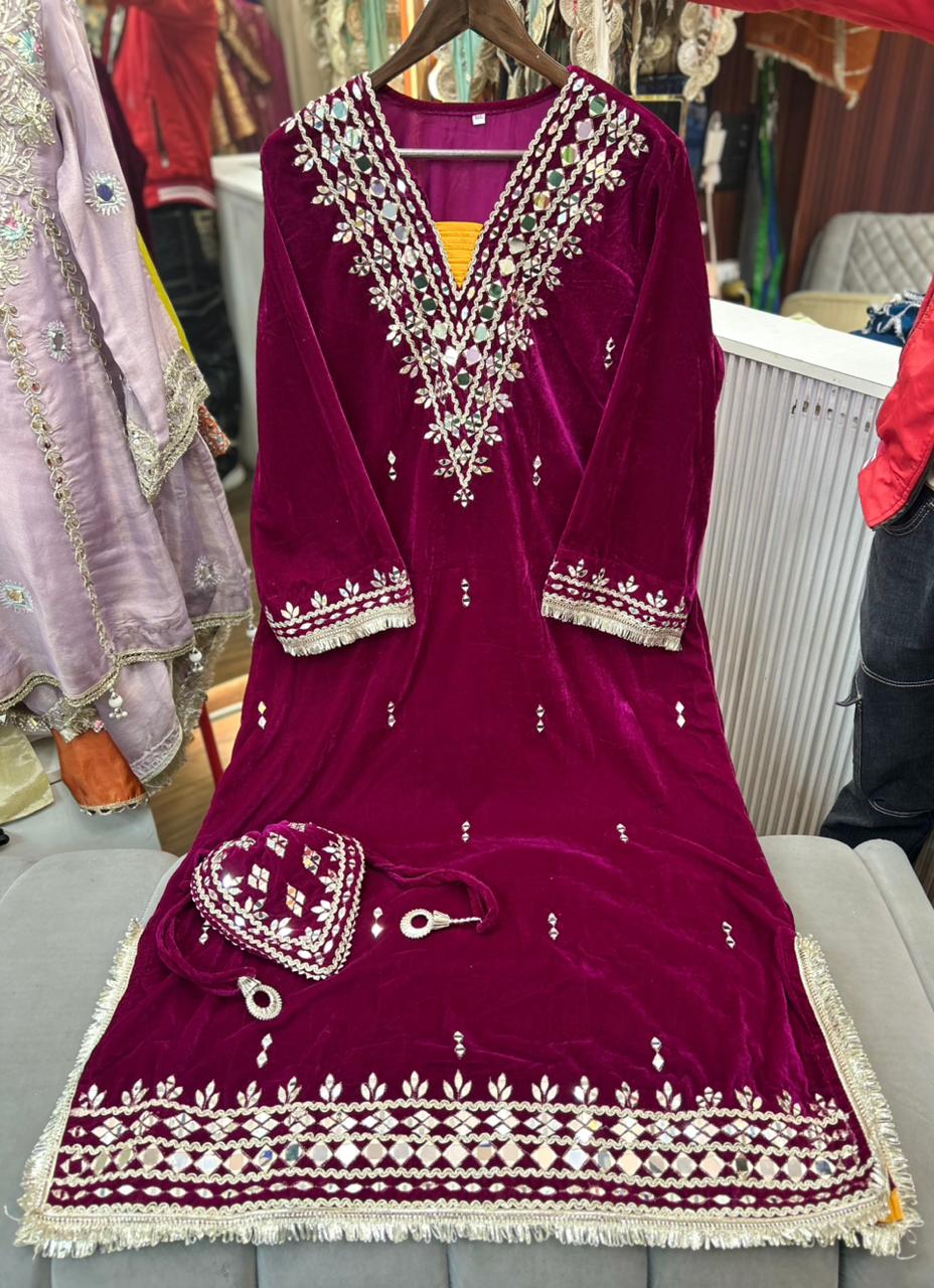 Article 1953 – Premium Velvet Long Dress with Real Mirror Work | One-Piece Ethnic Wear for Women | Sizes 40–46