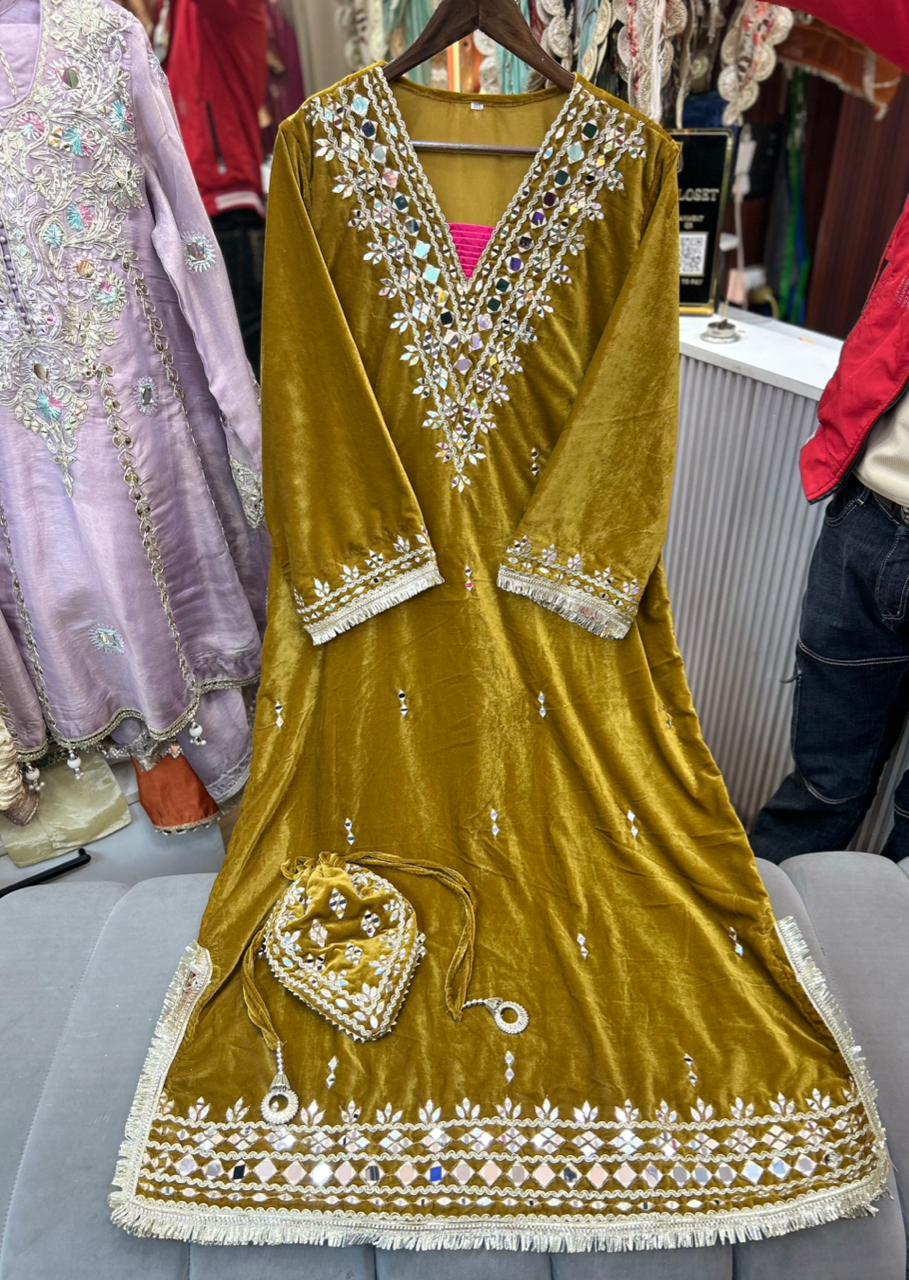 Article 1953 – Premium Velvet Long Dress with Real Mirror Work | One-Piece Ethnic Wear for Women | Sizes 40–46