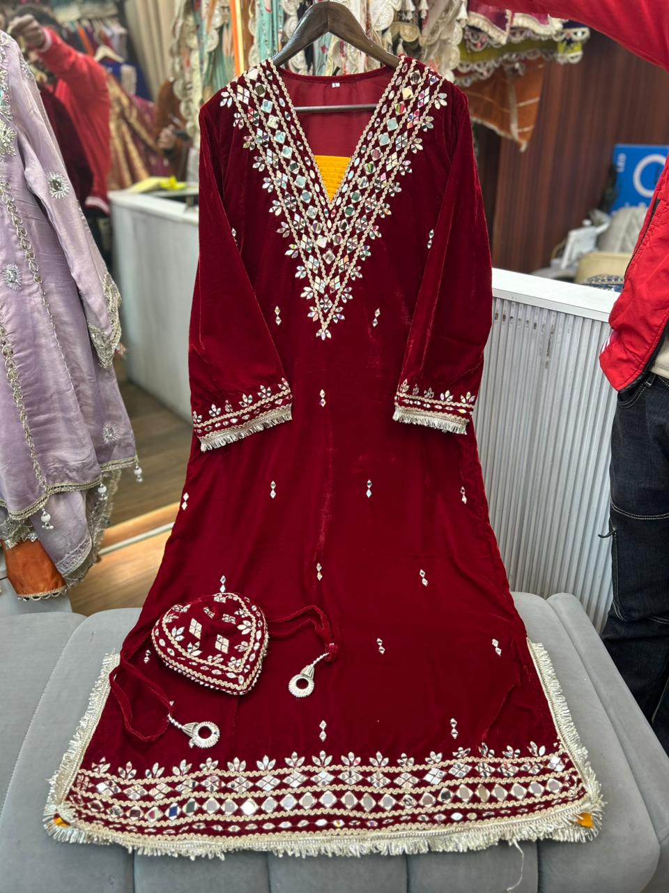 Article 1953 – Premium Velvet Long Dress with Real Mirror Work | One-Piece Ethnic Wear for Women | Sizes 40–46