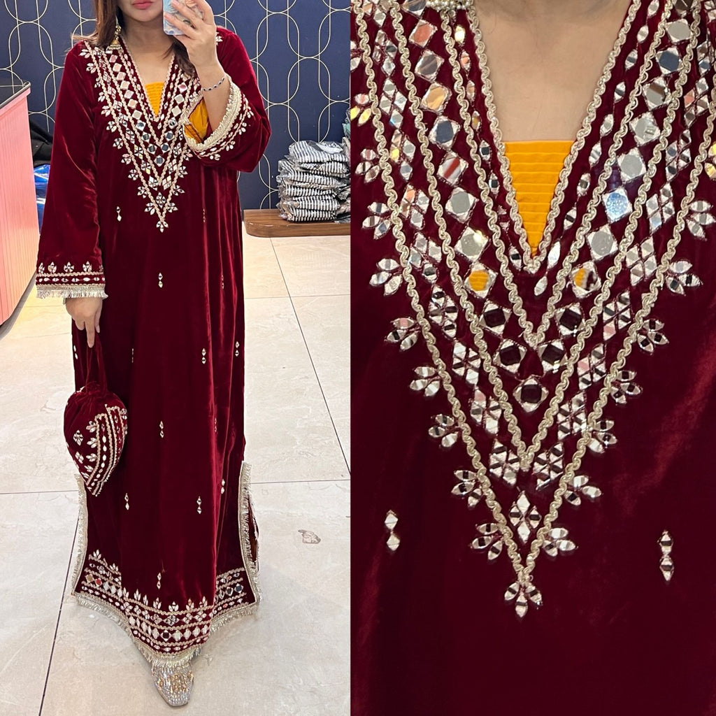 Article 1953 – Premium Velvet Long Dress with Real Mirror Work | One-Piece Ethnic Wear for Women | Sizes 40–46