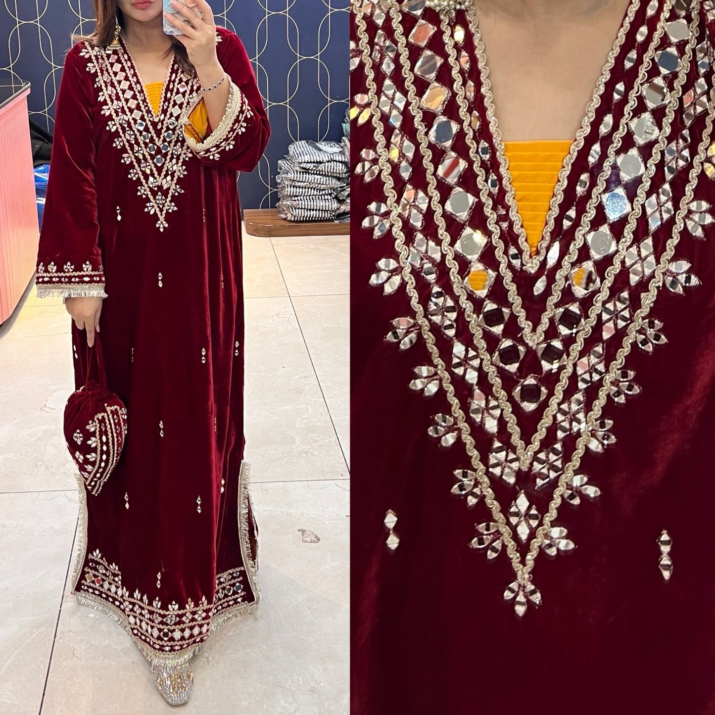 Article 1953 – Premium Velvet Long Dress with Real Mirror Work | One-Piece Ethnic Wear for Women | Sizes 40–46