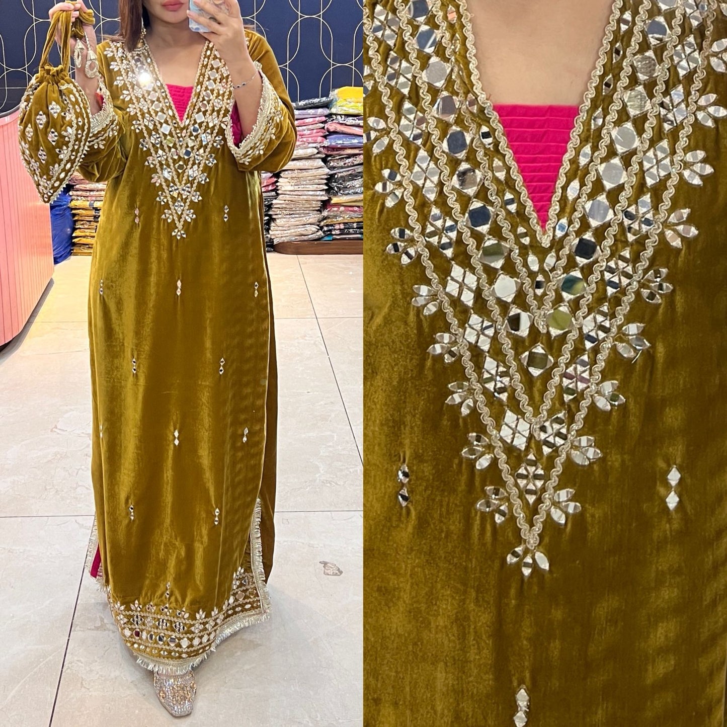 Article 1953 – Premium Velvet Long Dress with Real Mirror Work | One-Piece Ethnic Wear for Women | Sizes 40–46