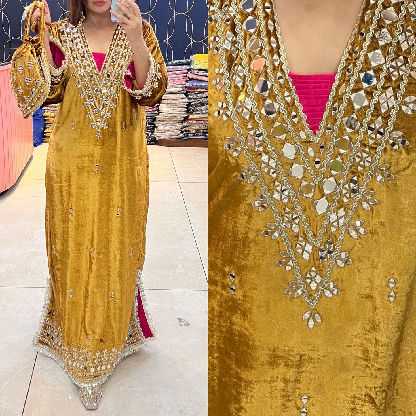 Article 1953 – Premium Velvet Long Dress with Real Mirror Work | One-Piece Ethnic Wear for Women | Sizes 40–46