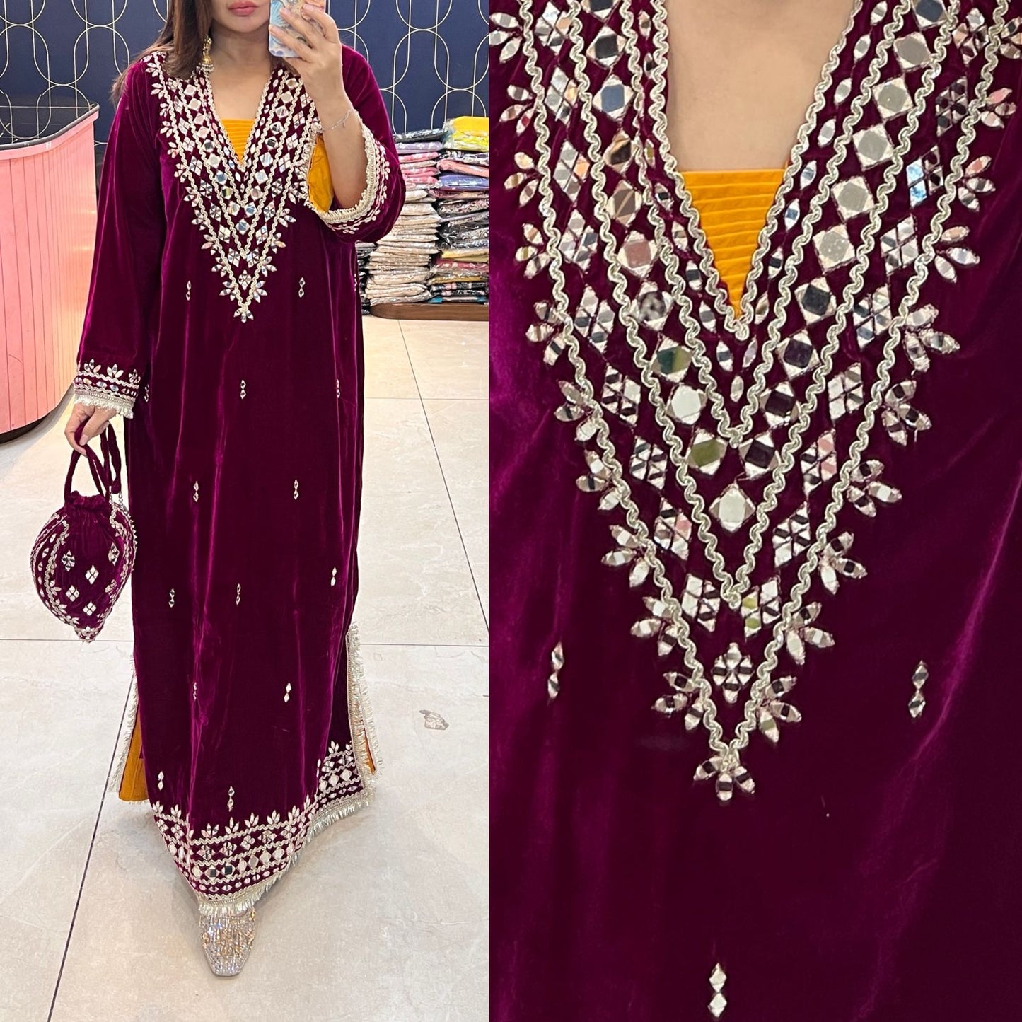 Article 1953 – Premium Velvet Long Dress with Real Mirror Work | One-Piece Ethnic Wear for Women | Sizes 40–46