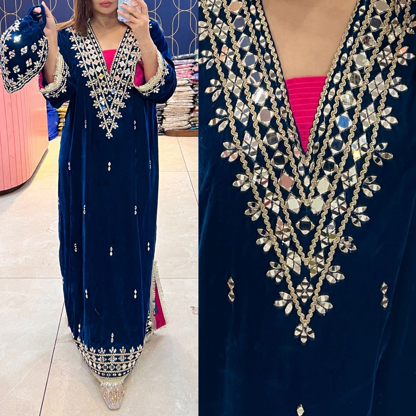 Article 1953 – Premium Velvet Long Dress with Real Mirror Work | One-Piece Ethnic Wear for Women | Sizes 40–46