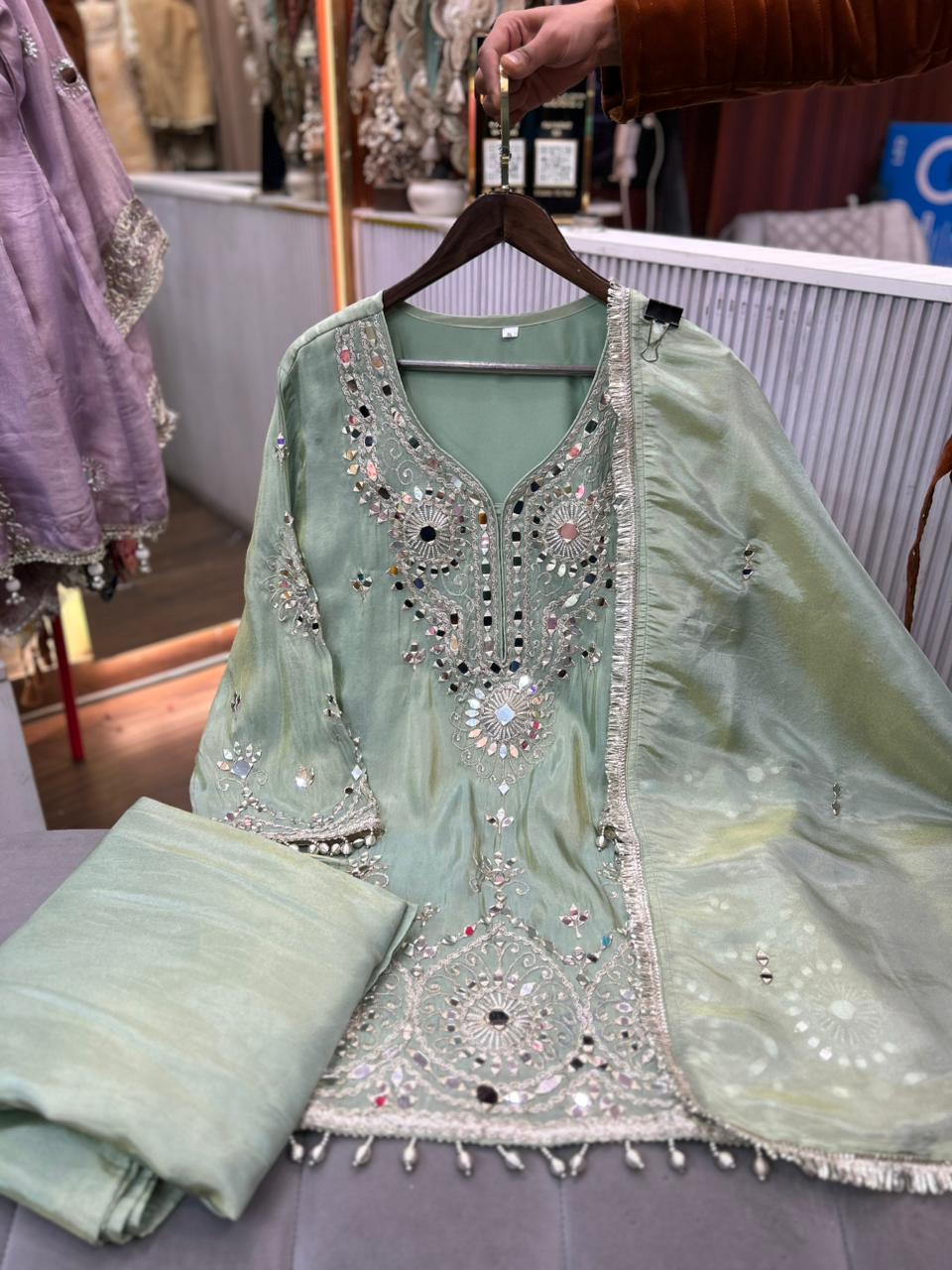 Article 1931 – Heavy Real Mirror Work Suit with Sharara & Dupatta | Premium Festive Wear | Sizes 40–46