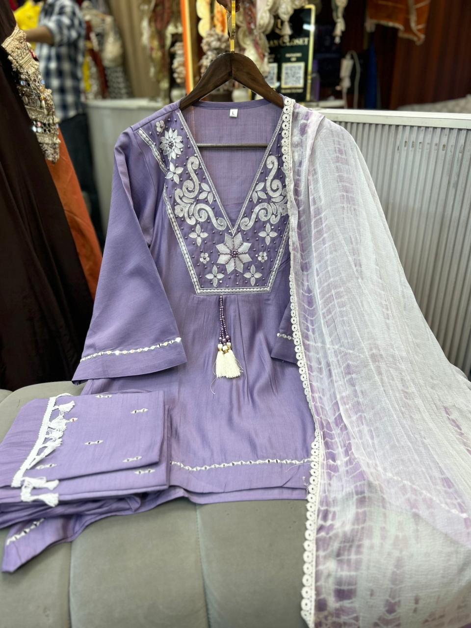 Article 1938 – Embroidered Cord Set with Chiffon Dupatta | Elegant Ethnic Wear | Sizes 40–46