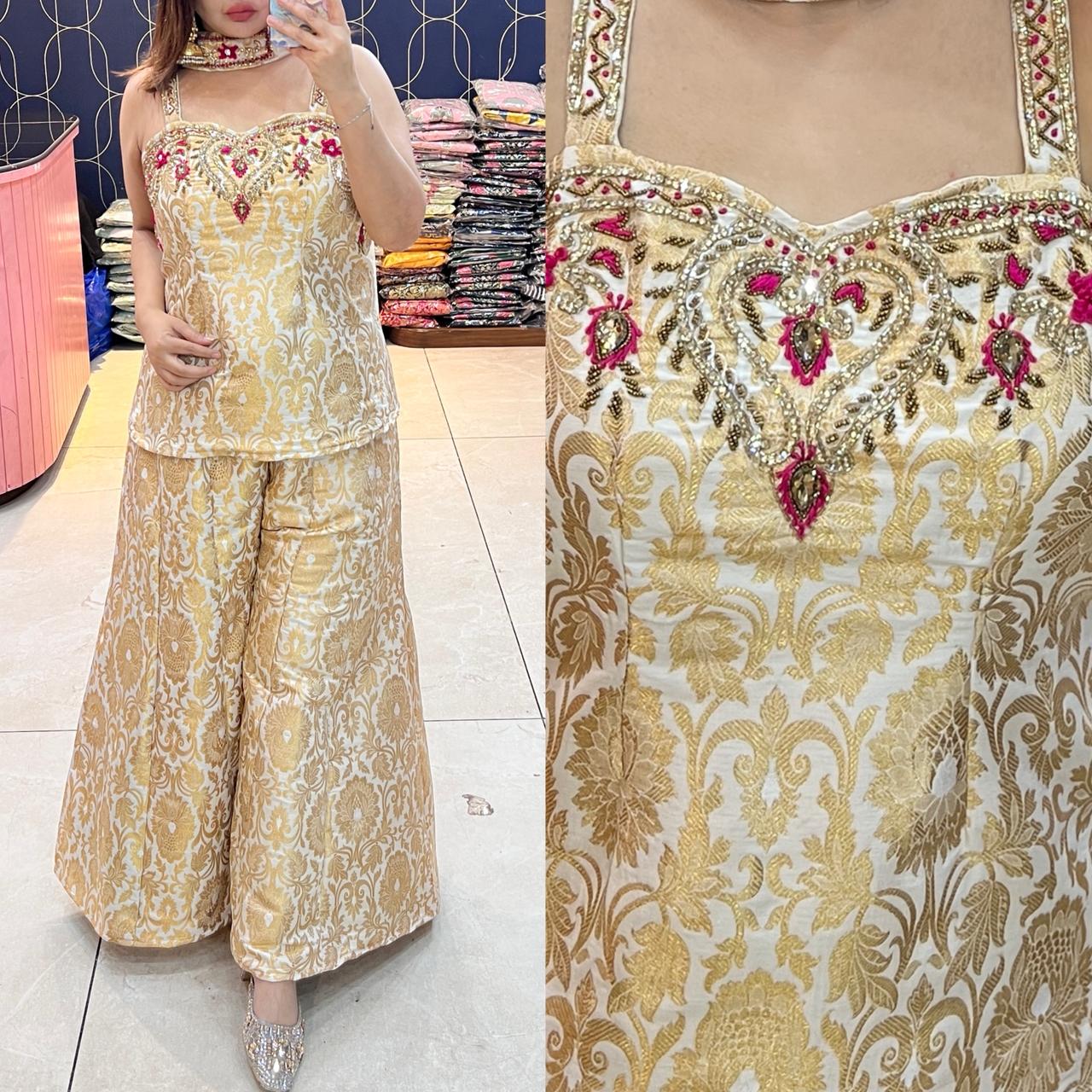 Article 1932 – Brocade Mirror Lace Cord Set with Bell Bottom Pants | Sleeveless Ethnic Wear | Sizes 40–46