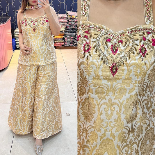 Article 1932 – Brocade Mirror Lace Cord Set with Bell Bottom Pants | Sleeveless Ethnic Wear | Sizes 40–46