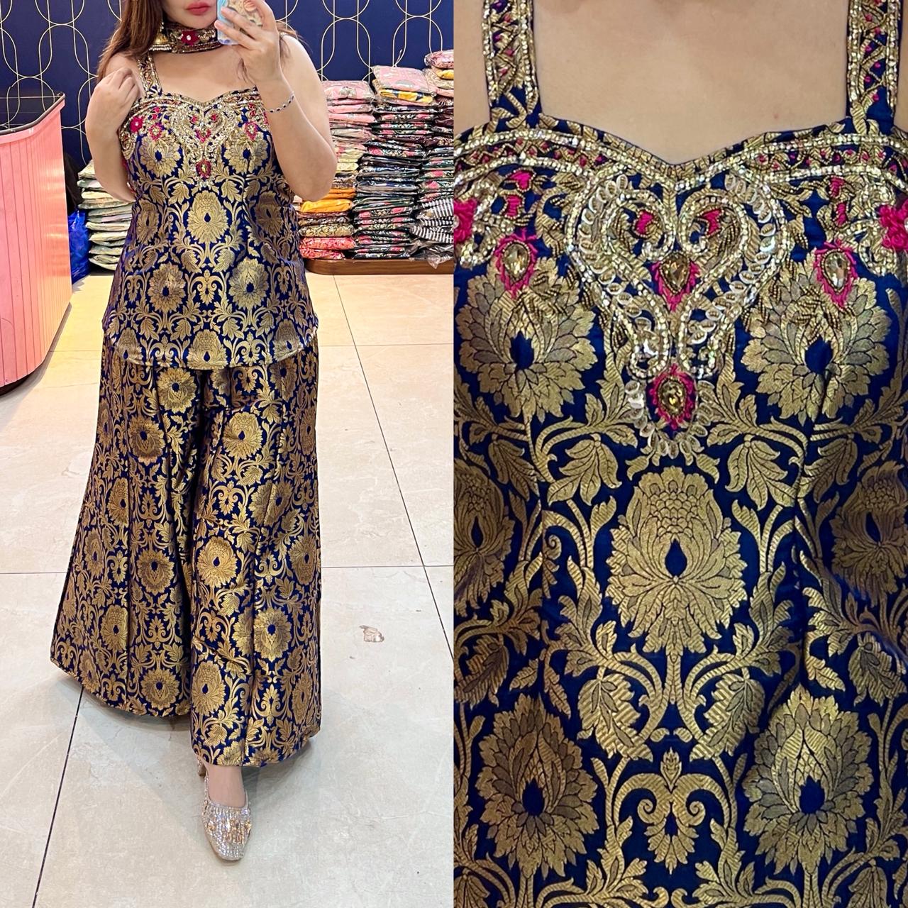 Article 1932 – Brocade Mirror Lace Cord Set with Bell Bottom Pants | Sleeveless Ethnic Wear | Sizes 40–46