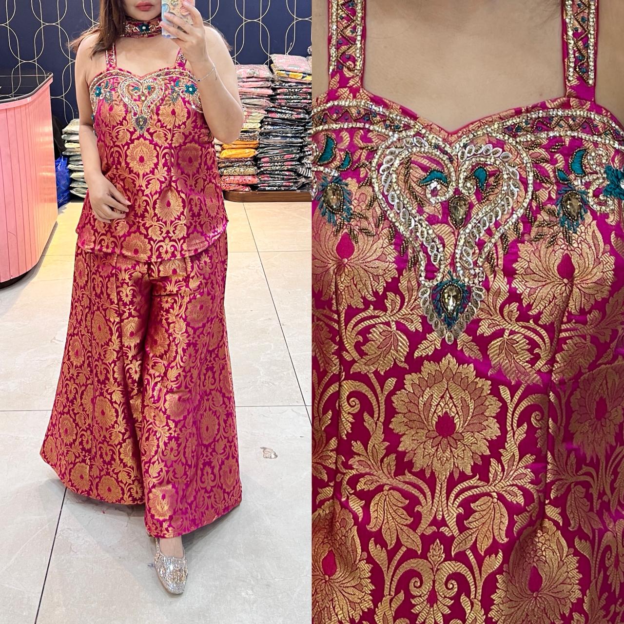 Article 1932 – Brocade Mirror Lace Cord Set with Bell Bottom Pants | Sleeveless Ethnic Wear | Sizes 40–46