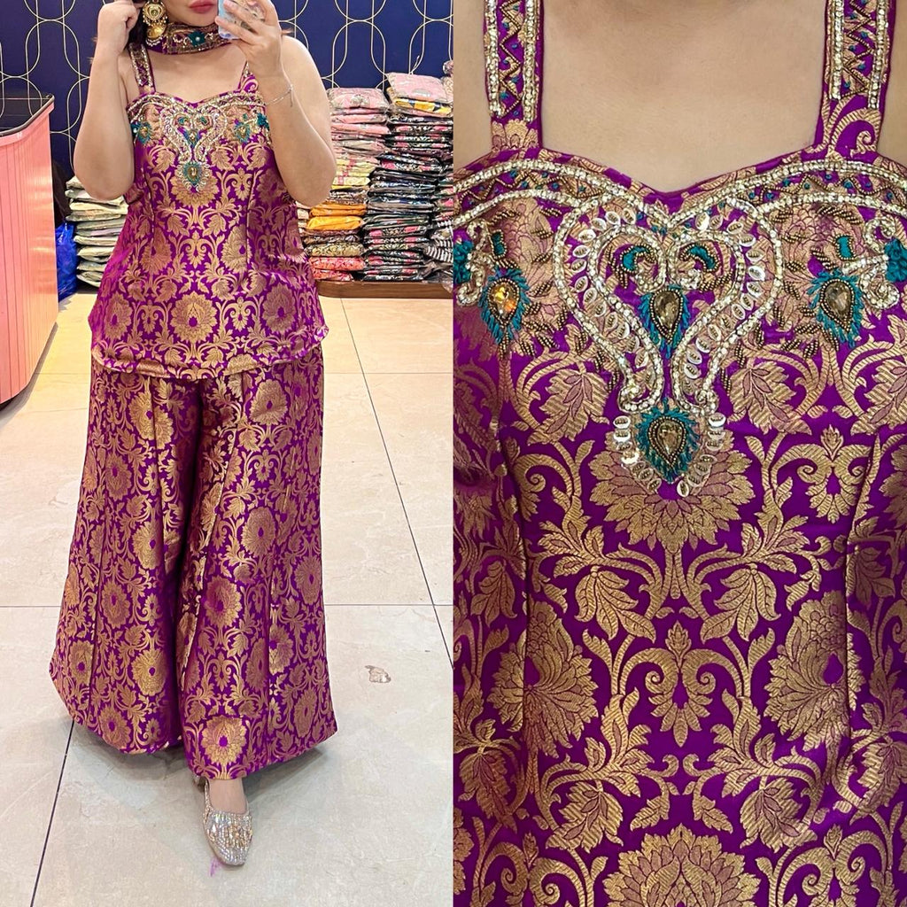 Article 1932 – Brocade Mirror Lace Cord Set with Bell Bottom Pants | Sleeveless Ethnic Wear | Sizes 40–46