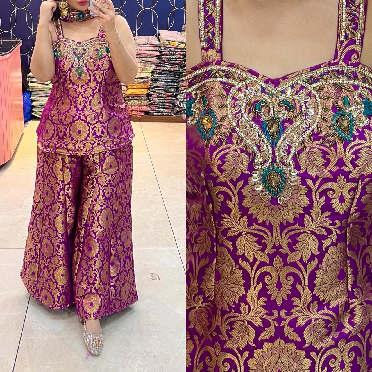 Article 1932 – Brocade Mirror Lace Cord Set with Bell Bottom Pants | Sleeveless Ethnic Wear | Sizes 40–46