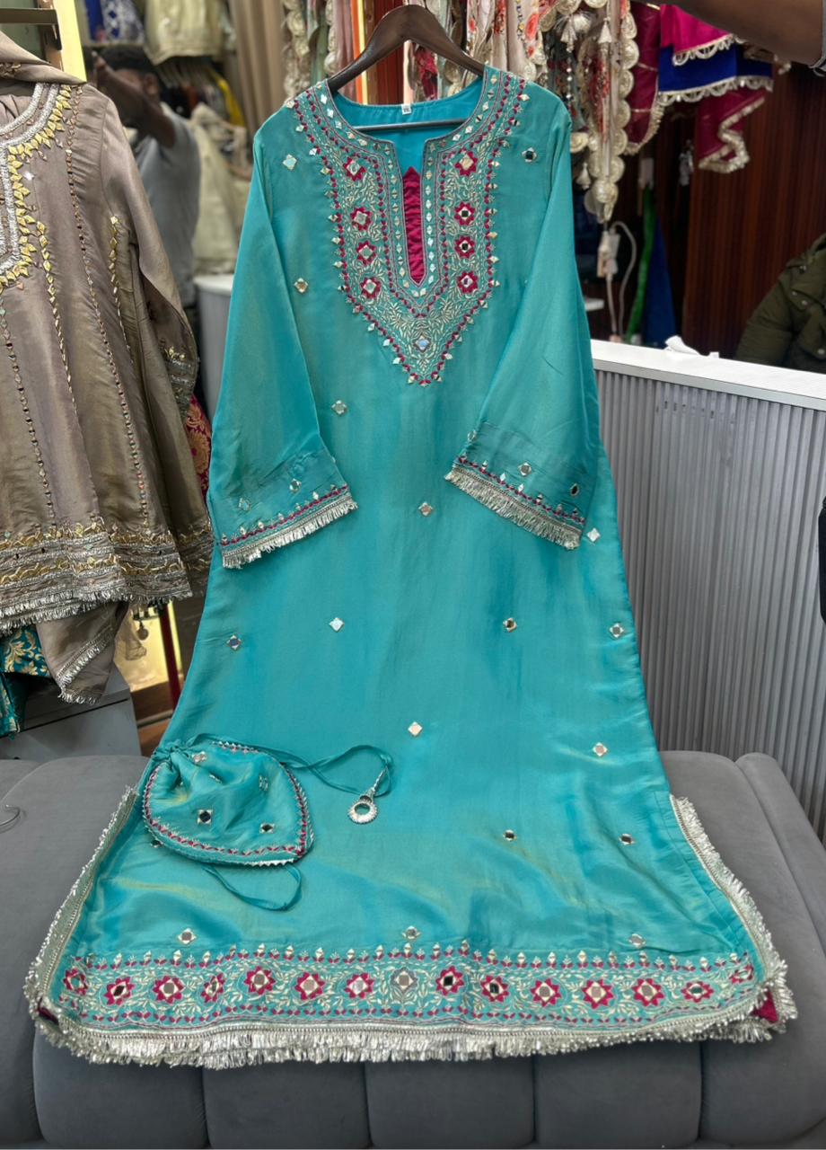 Article 1958 – Pure Tissue Shimmer One-Piece Long Dress with Real Mirror & Thread Work | Sizes 40–46