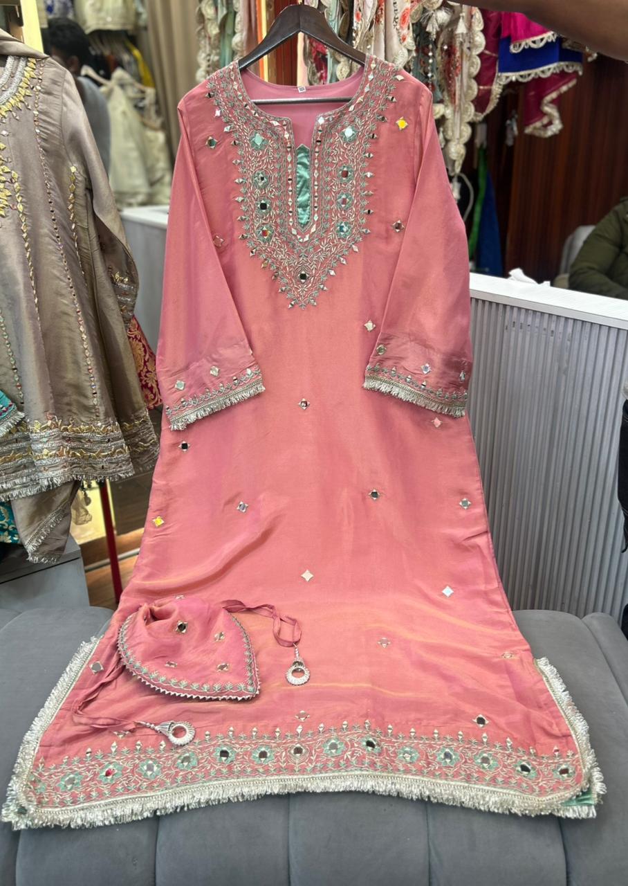 Article 1958 – Pure Tissue Shimmer One-Piece Long Dress with Real Mirror & Thread Work | Sizes 40–46