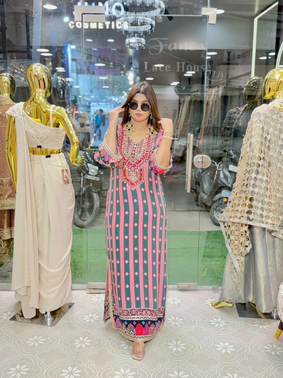 Printed Long Dress with original mirror work