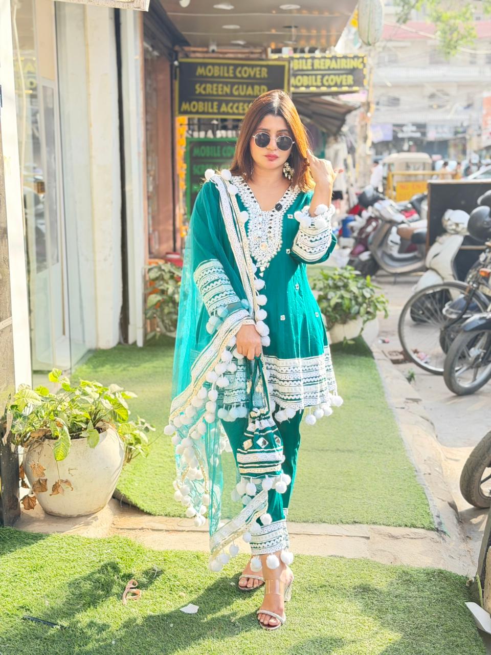 Short cotton silk Anarkali with pom pom