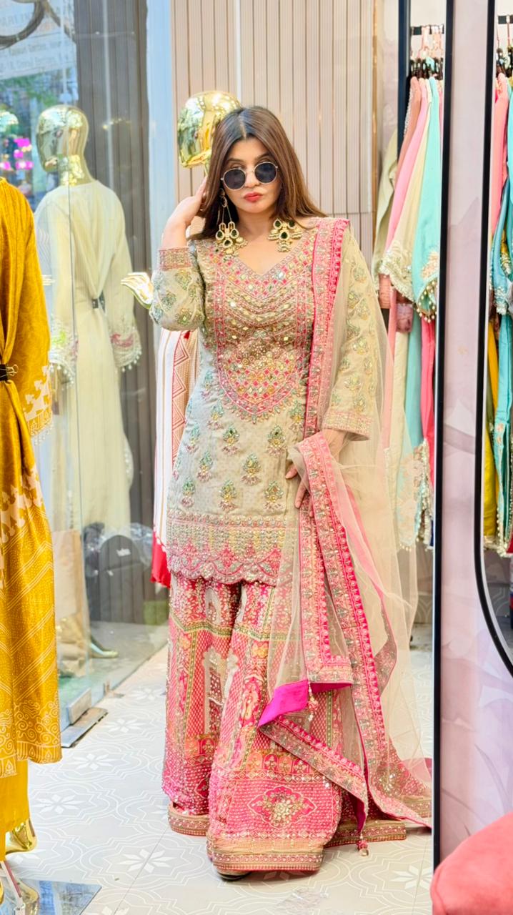 Multicolour Shimmer 3piece suit with complete hand work