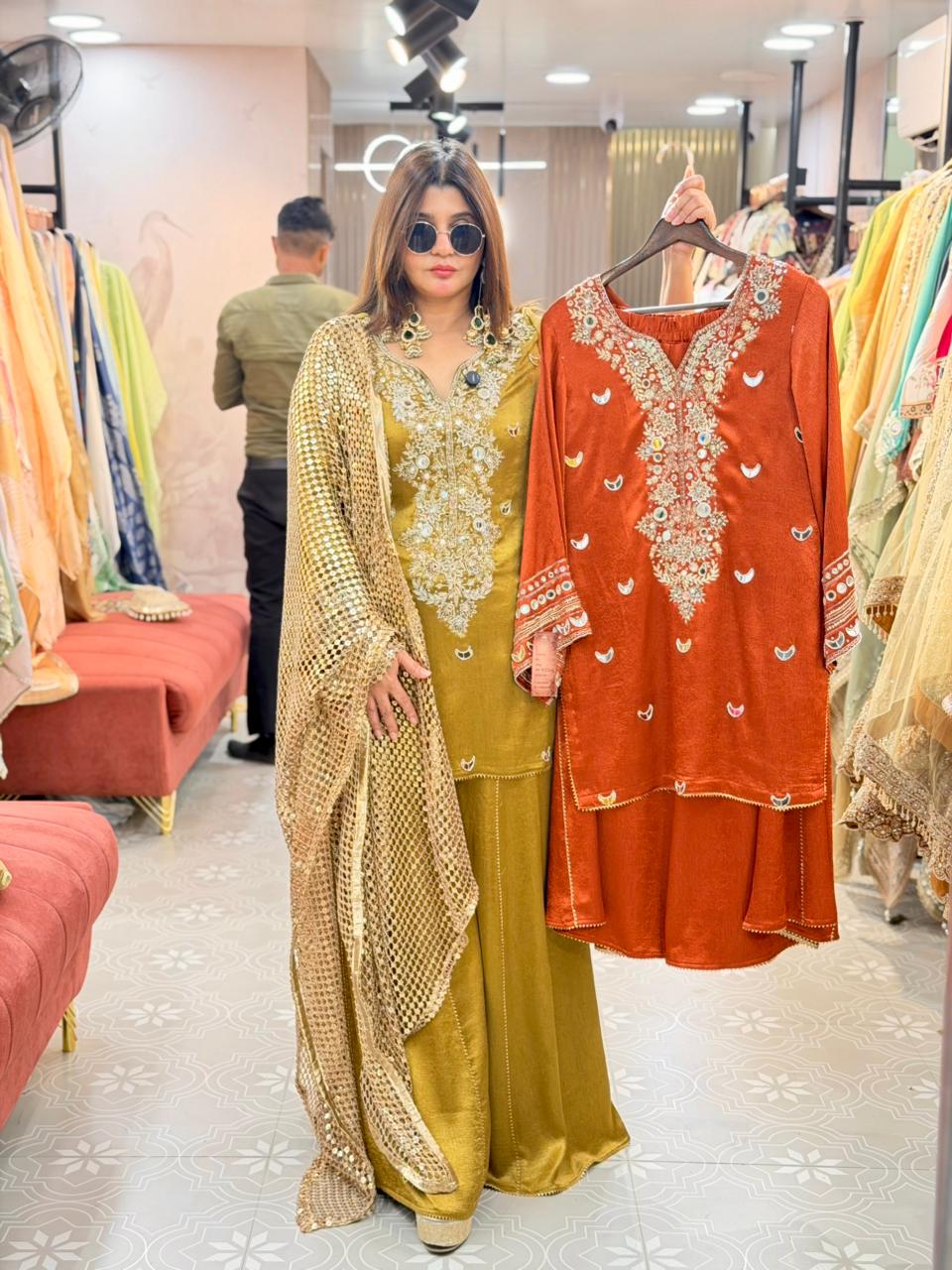 Heavy Real Mirror Work Suit with Sharara & Dupatta | Premium Festive Wear