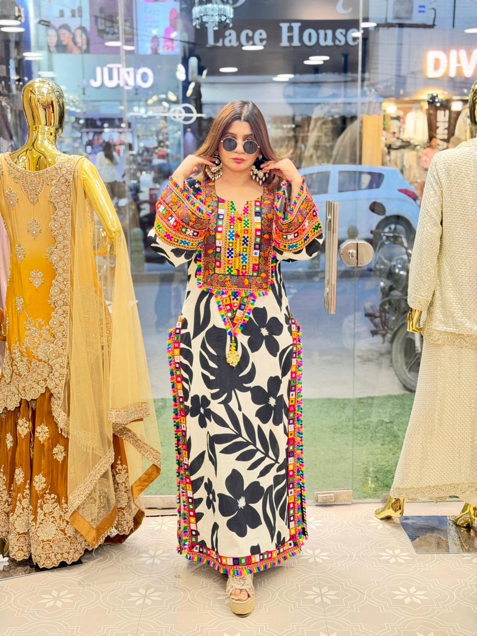 Printed long Dress with lace and mirror work
