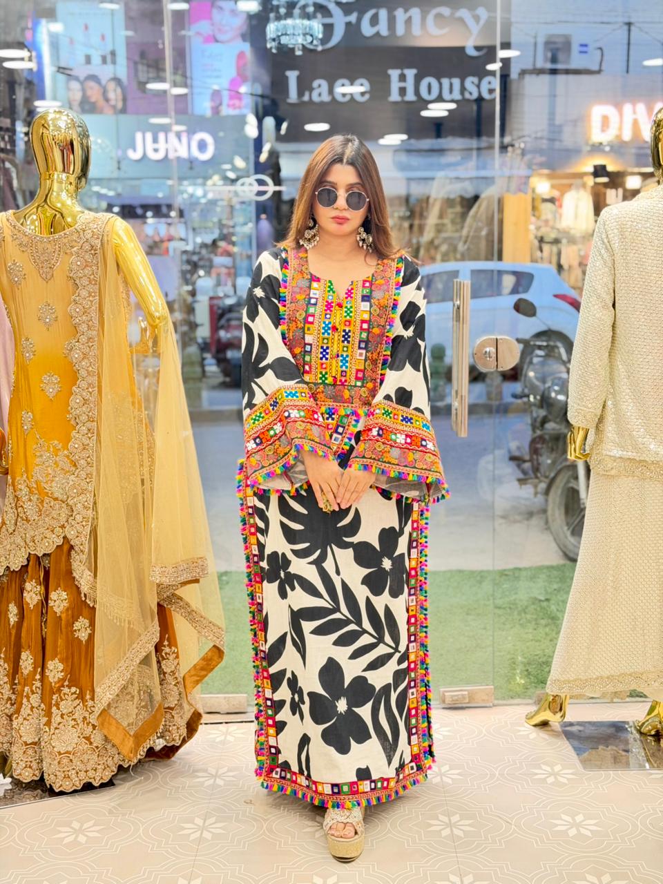 Printed long Dress with lace and mirror work
