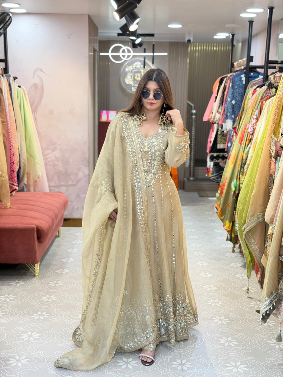 Long Crush Tissue Anarkali with gotta patti and mirror work