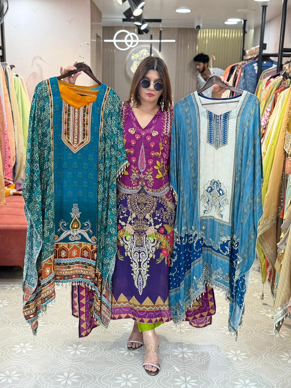 Article 1826 – Pure Crepe Digital Printed Kaftan With Gotta Patti & Real Mirror Work