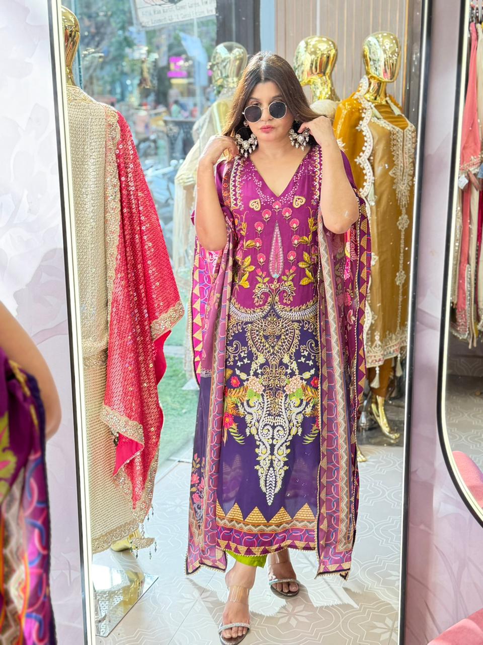 Article 1696 – Pure Crepe Digital Printed Kaftan with Premium Cutdana Handwork | Sizes 40–46 | Urban Closet