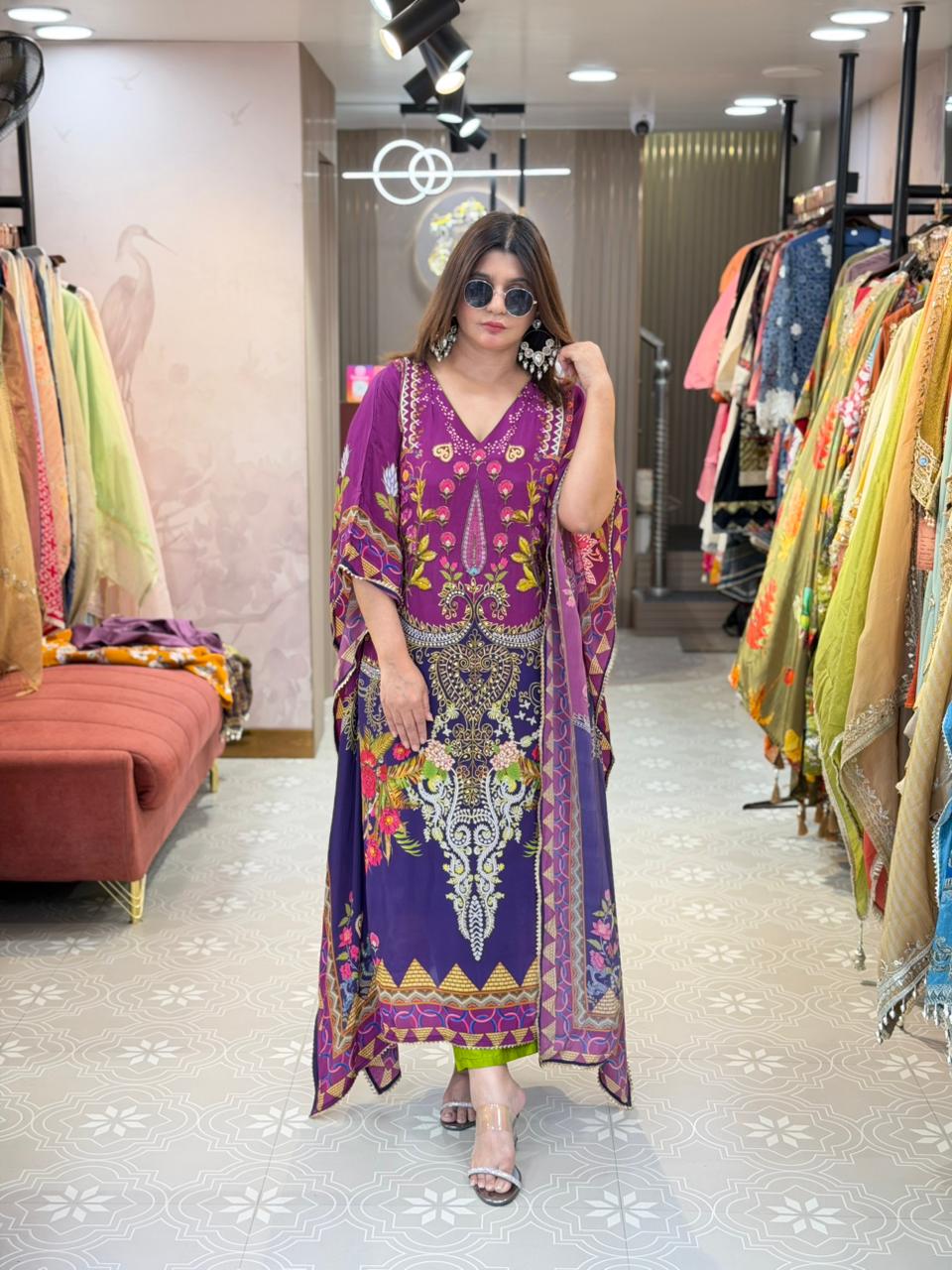 Article 1696 – Pure Crepe Digital Printed Kaftan with Premium Cutdana Handwork | Sizes 40–46 | Urban Closet
