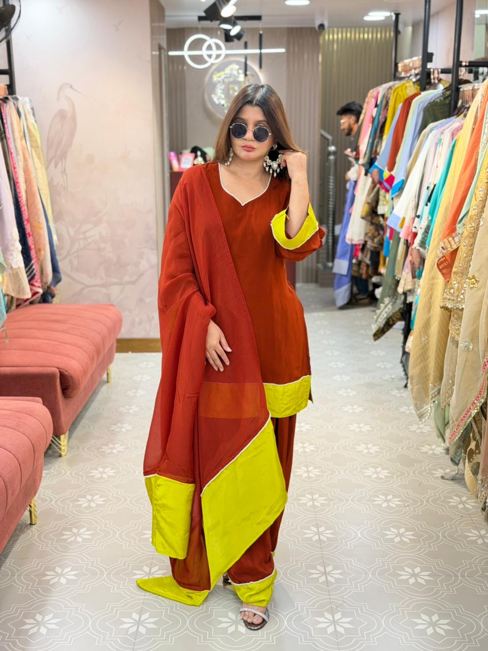 Natural crepe panel farshi salwar co-ord set with dupatta