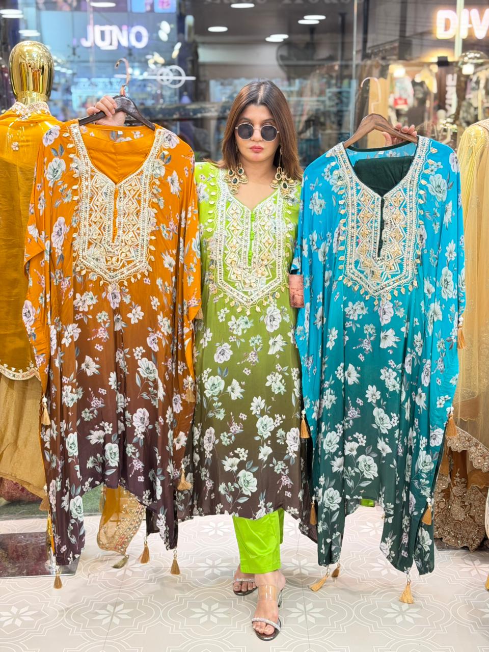 Pure Crepe Fabric Kaftan with Bottom & Beautiful Gota Patti Work