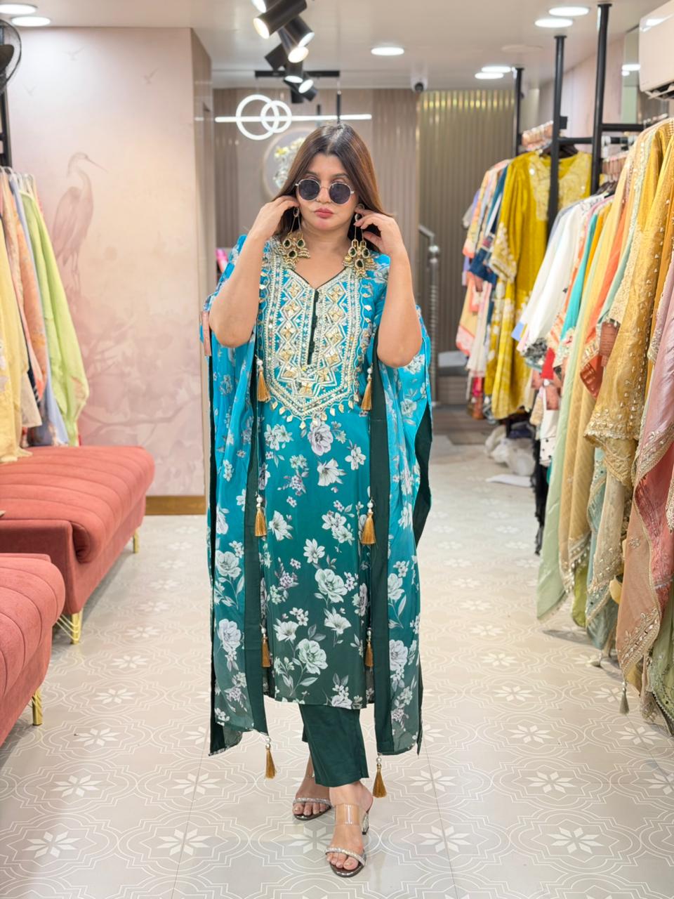 Pure Crepe Fabric Kaftan with Bottom & Beautiful Gota Patti Work