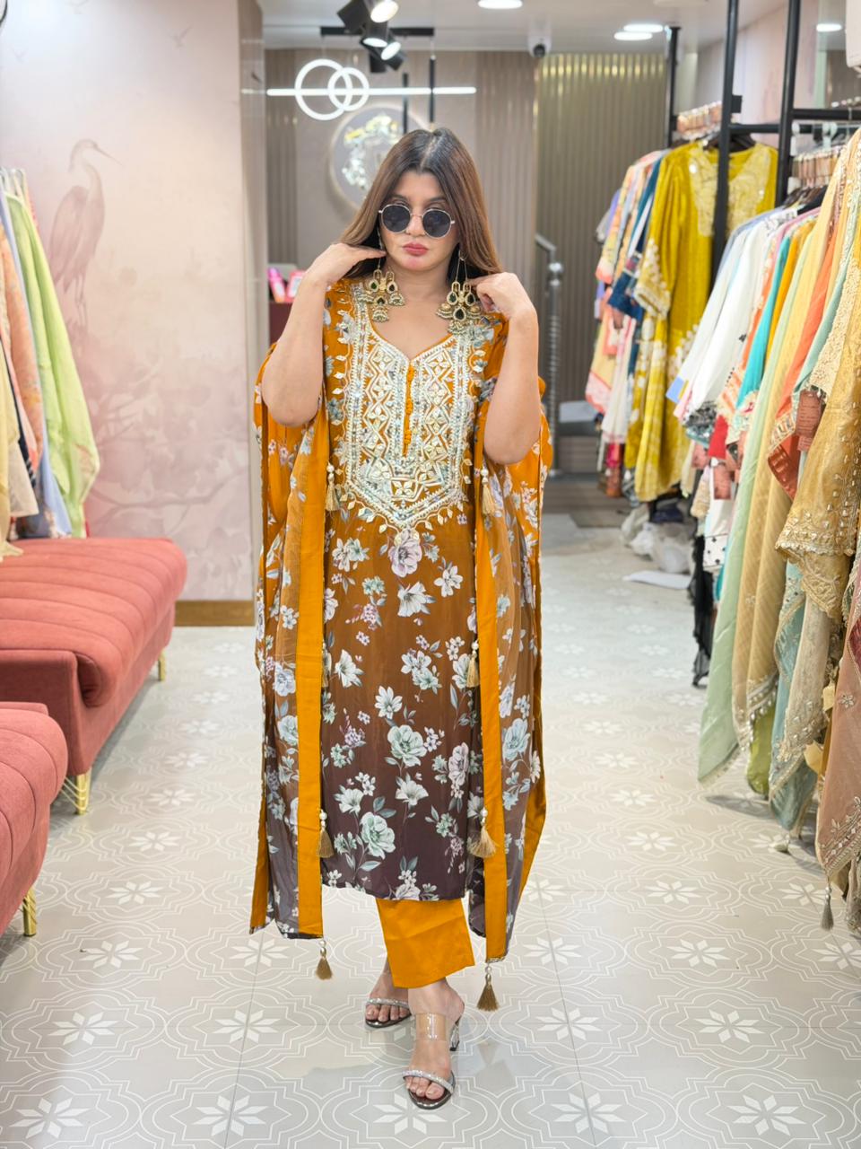 Pure Crepe Fabric Kaftan with Bottom & Beautiful Gota Patti Work