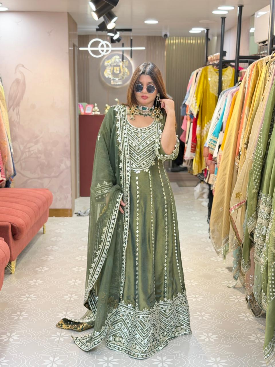 Long Anarkali with gotta patti and mirror work detailing