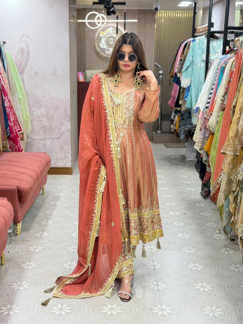 Anarkali with original mirror work and gotta patti detailing