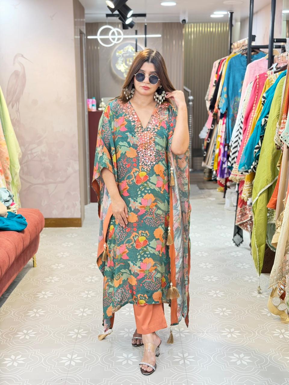 Article 1596 – Floral Kaftan with Real Mirror Handwork