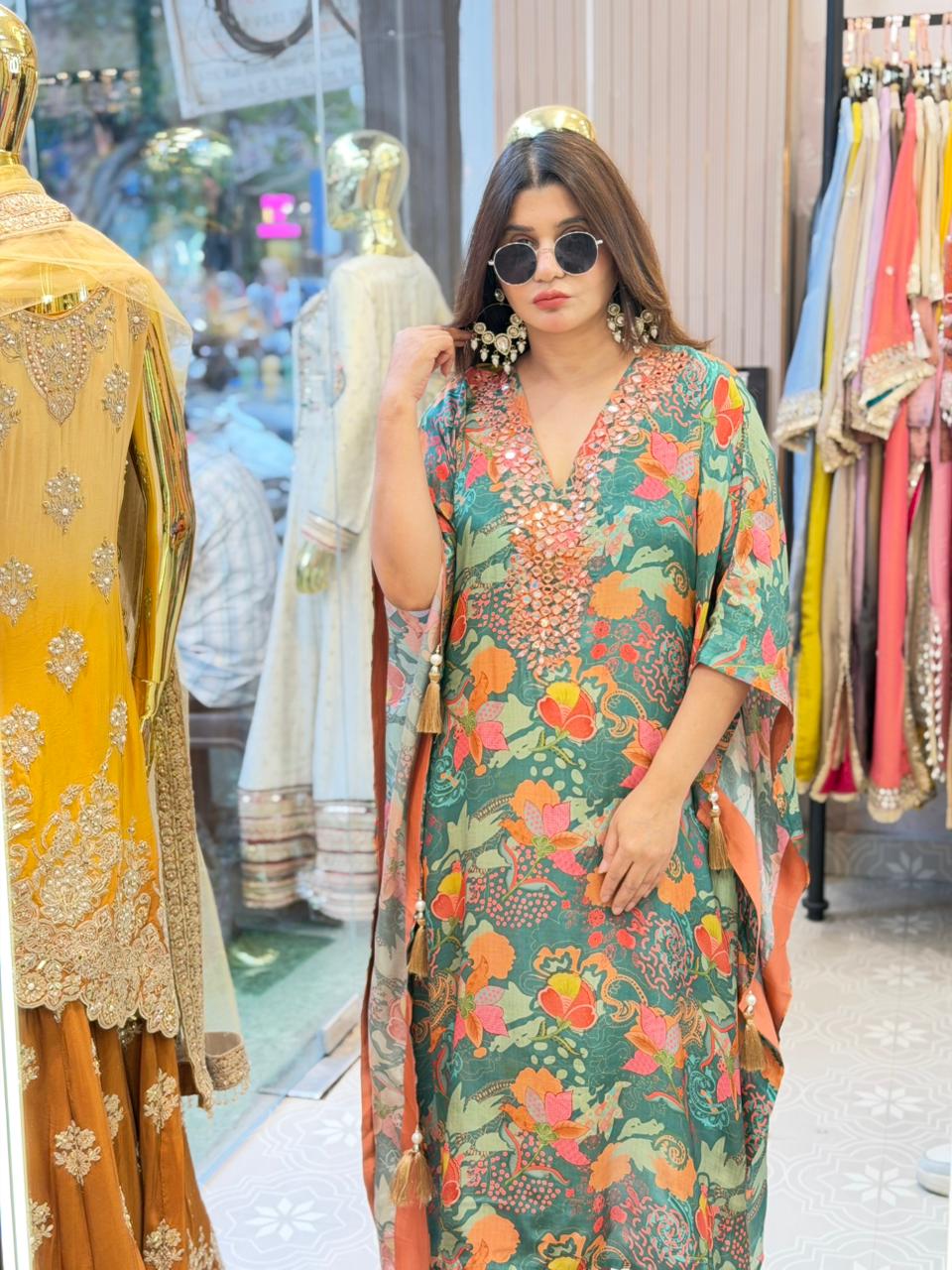 Article 1596 – Floral Kaftan with Real Mirror Handwork
