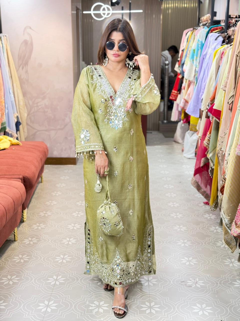 Side slit long dress with original mirror work