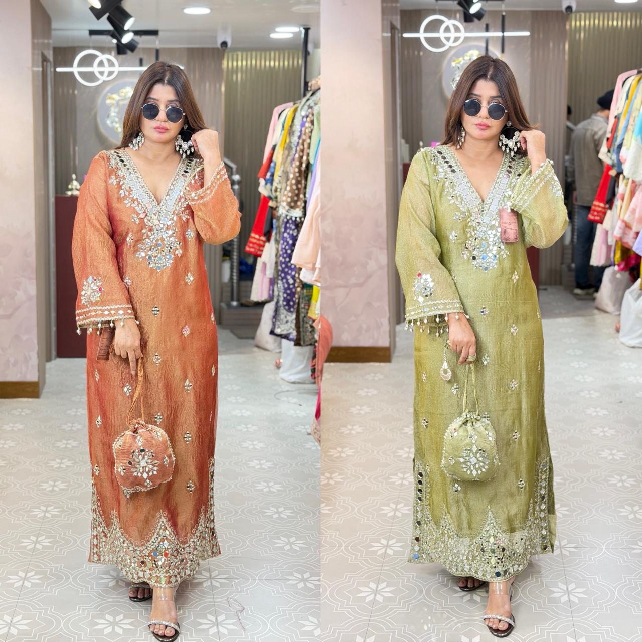 Side slit long dress with original mirror work