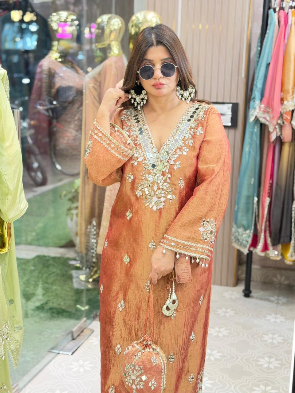 Side slit long dress with original mirror work