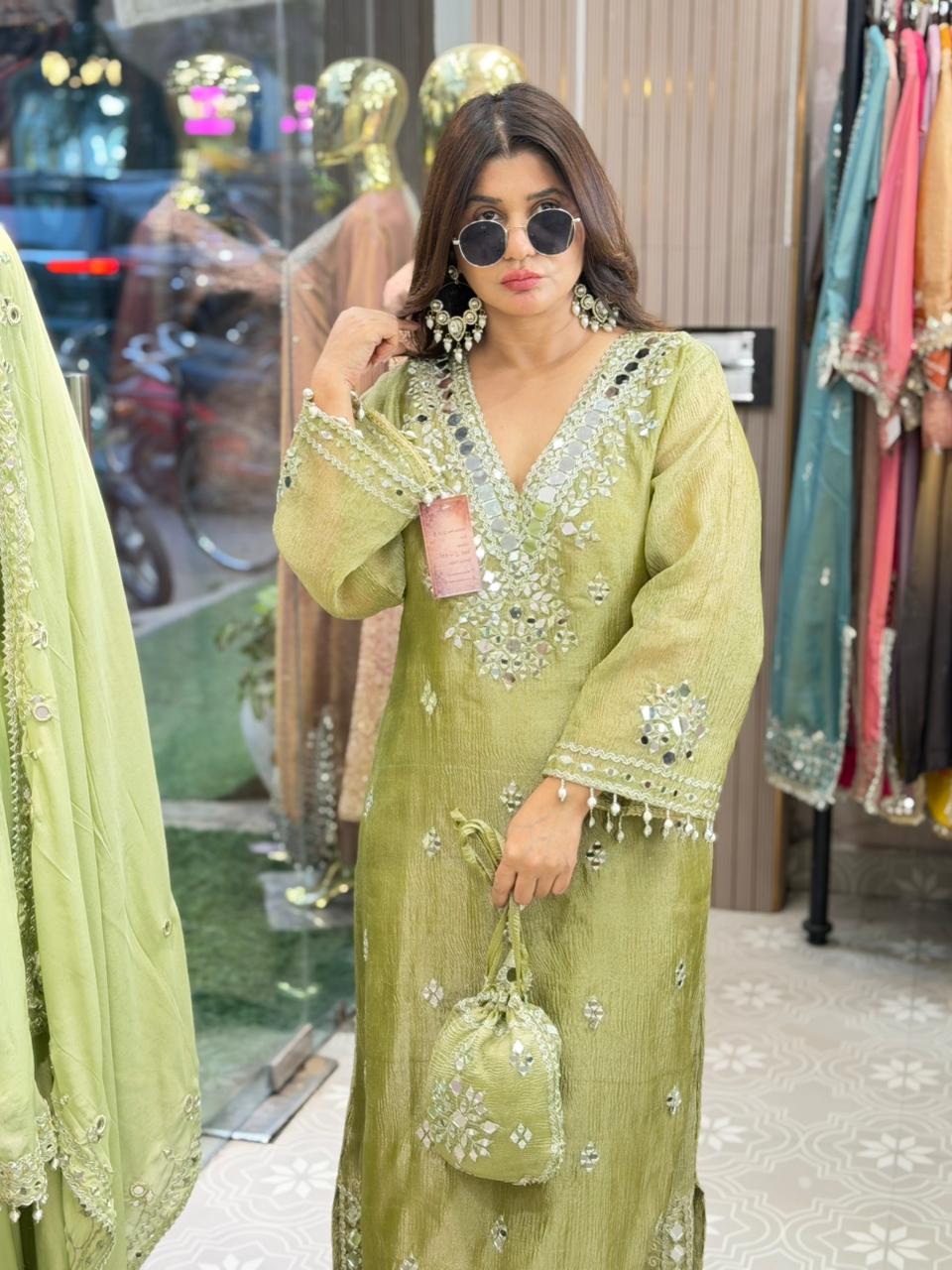 Side slit long dress with original mirror work