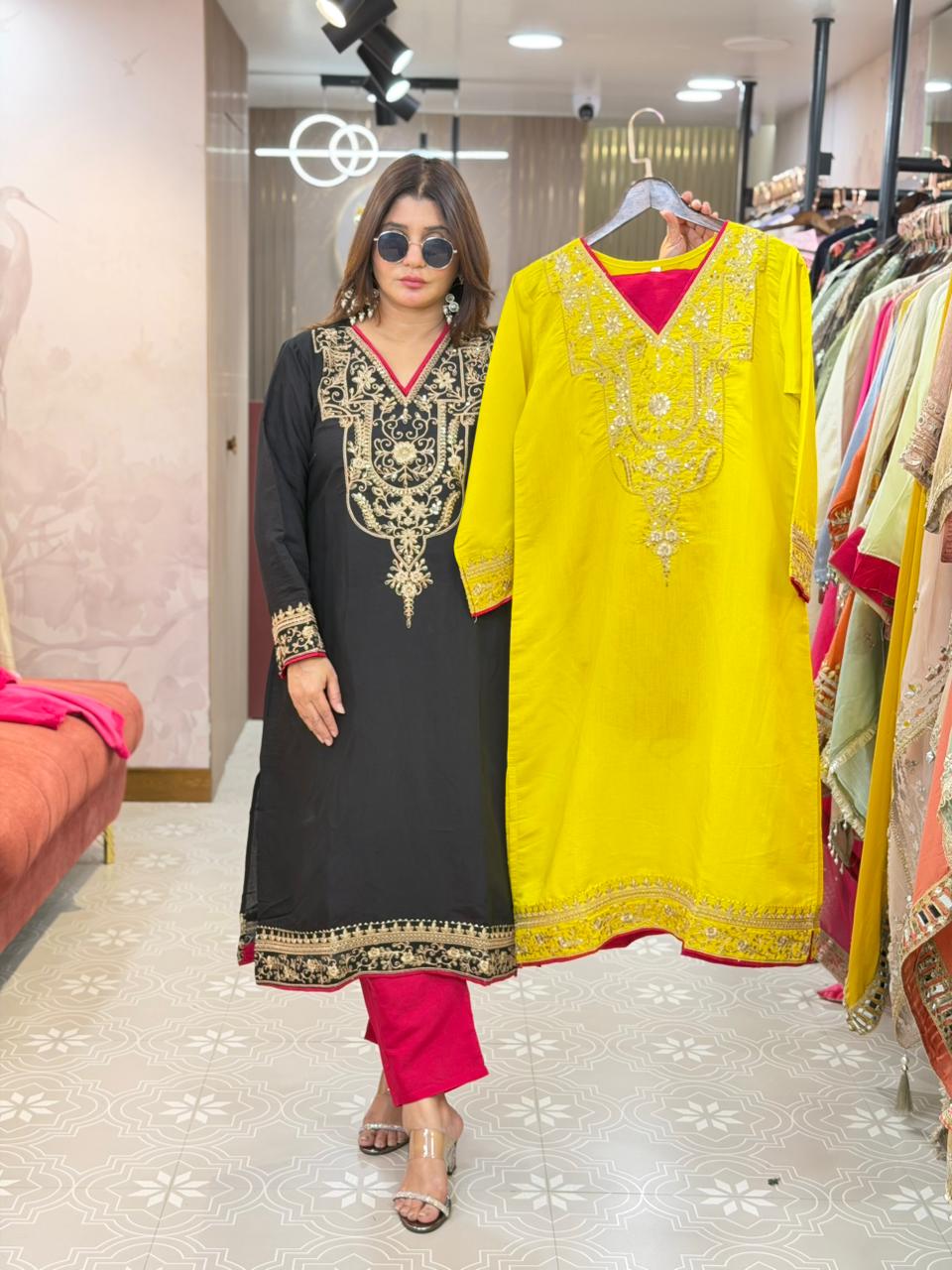 Article 1095 – Pakistani Cotton Silk Embroidered Co-ord Set With Potli