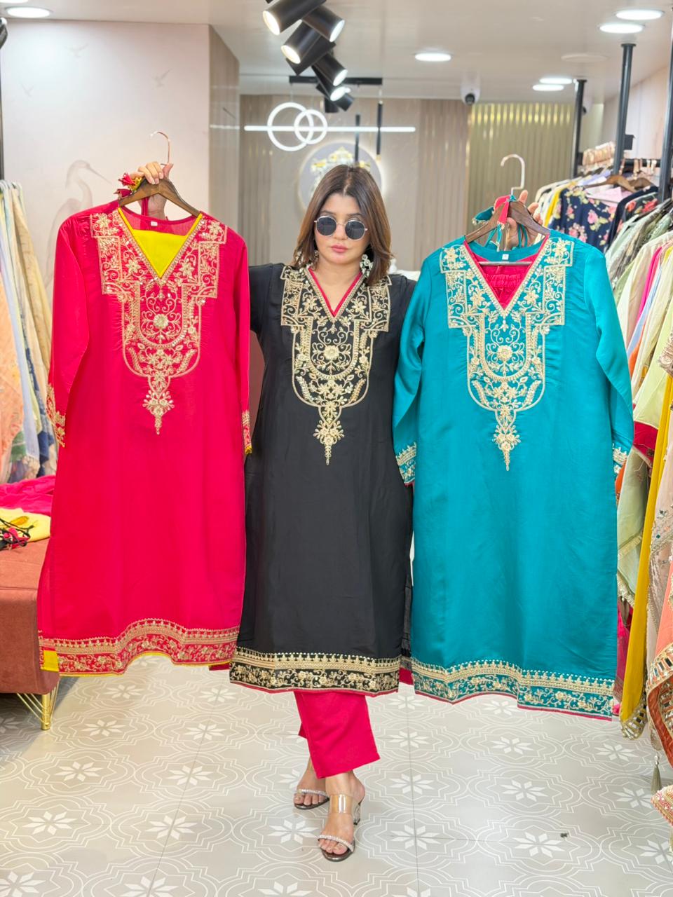 Article 1095 – Pakistani Cotton Silk Embroidered Co-ord Set With Potli