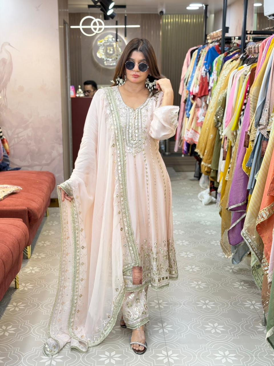 Embellished pink anarkali with gotta and mirror work