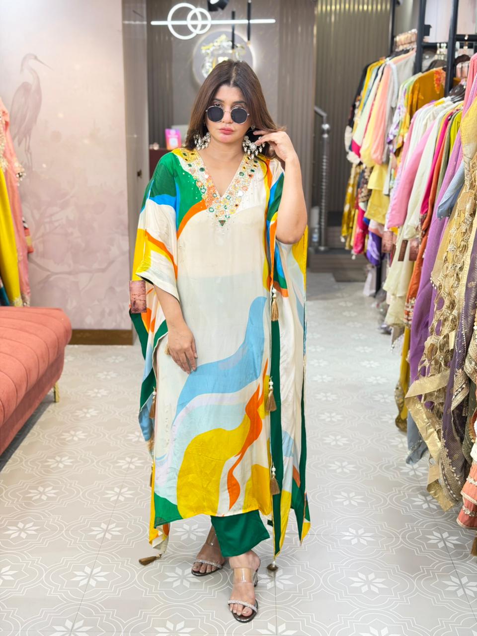 Article 1596 – Pure Crepe Kaftan Style Printed Suit with Mirror Work | Urban Closet | Sizes 40–46