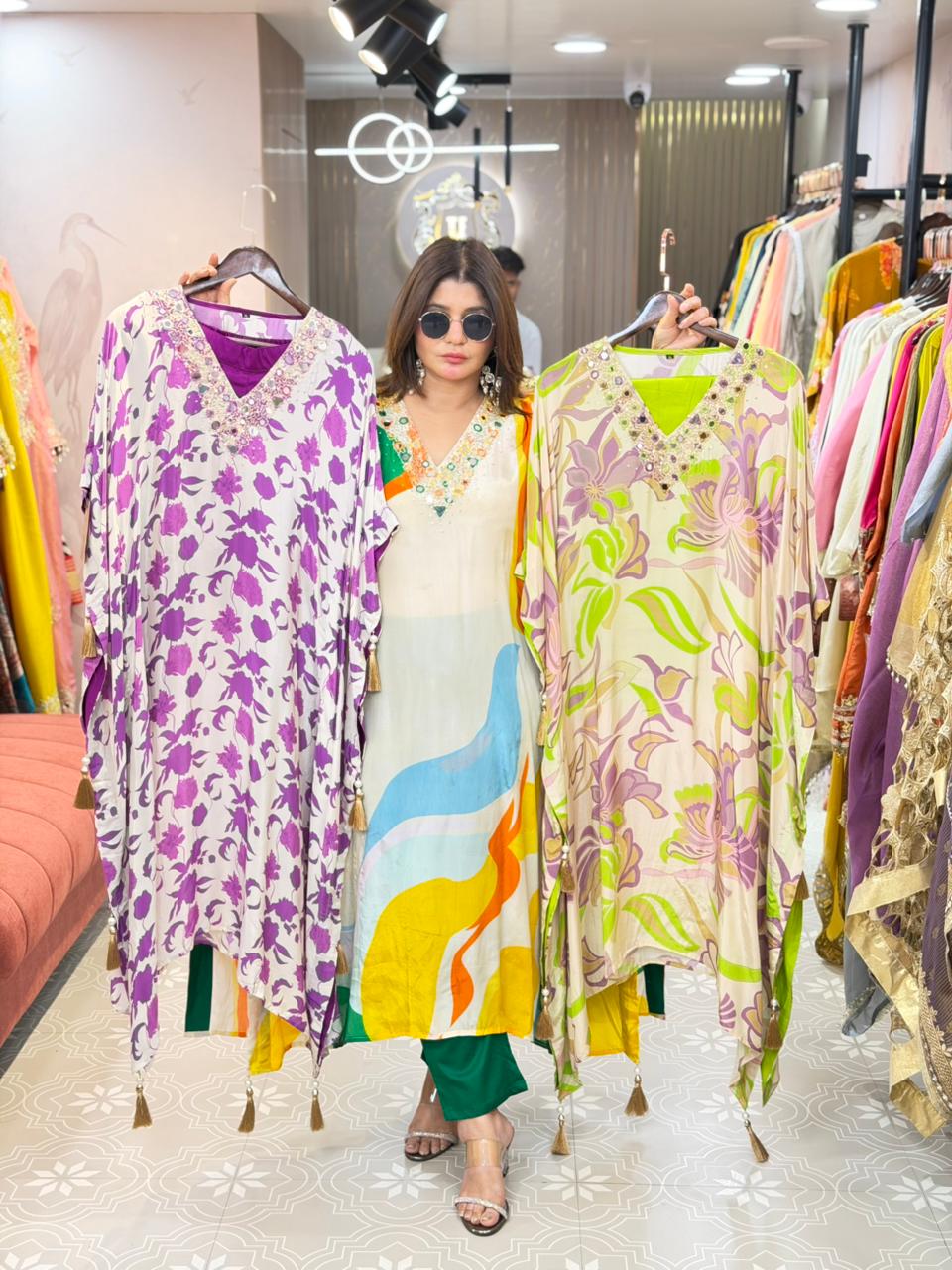 Article – Pure Crepe Fabric Kaftan with Bottom & Beautiful Handwork | Sizes 40–46