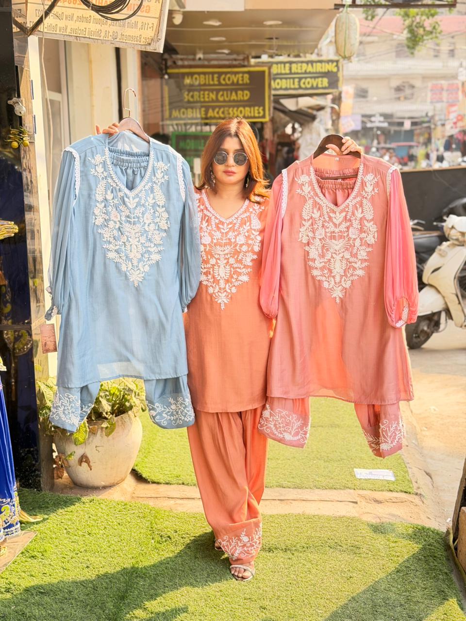 chiffon sleeves coord set with handwork