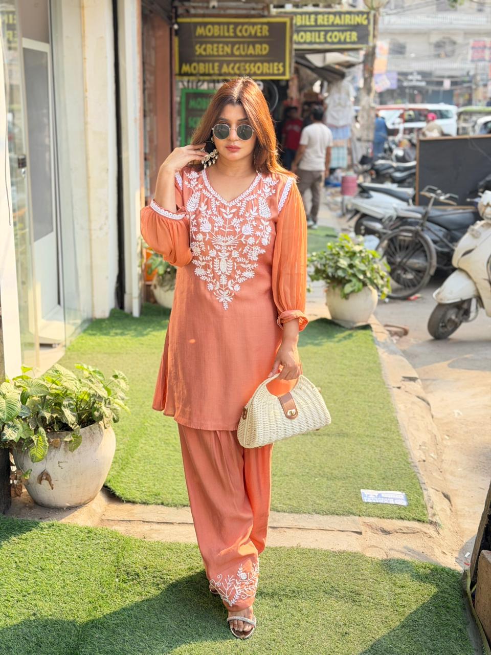 chiffon sleeves coord set with handwork